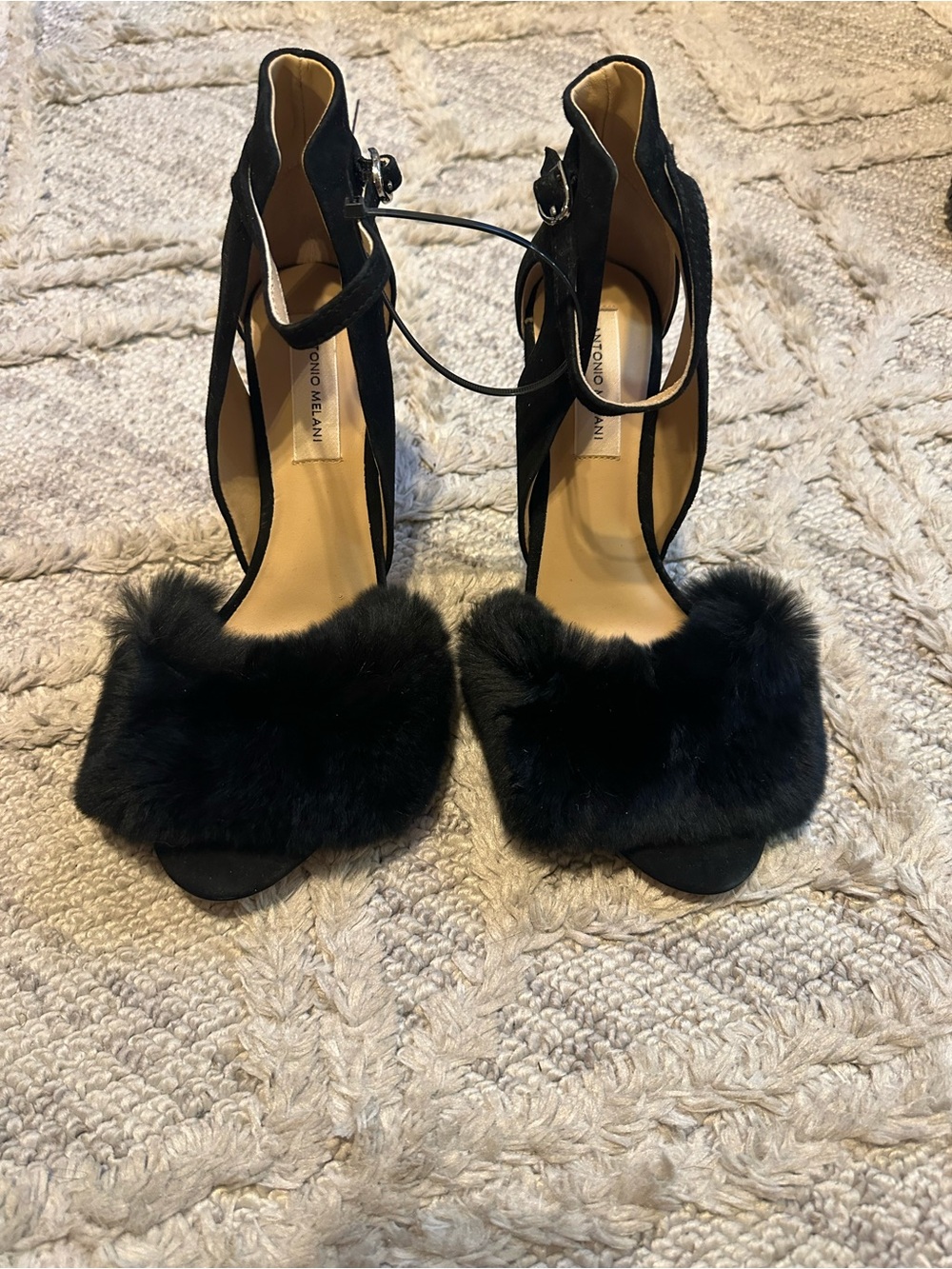 ANTONIO MELANI Black Fur Open-Toe Ankle-Strap Heels